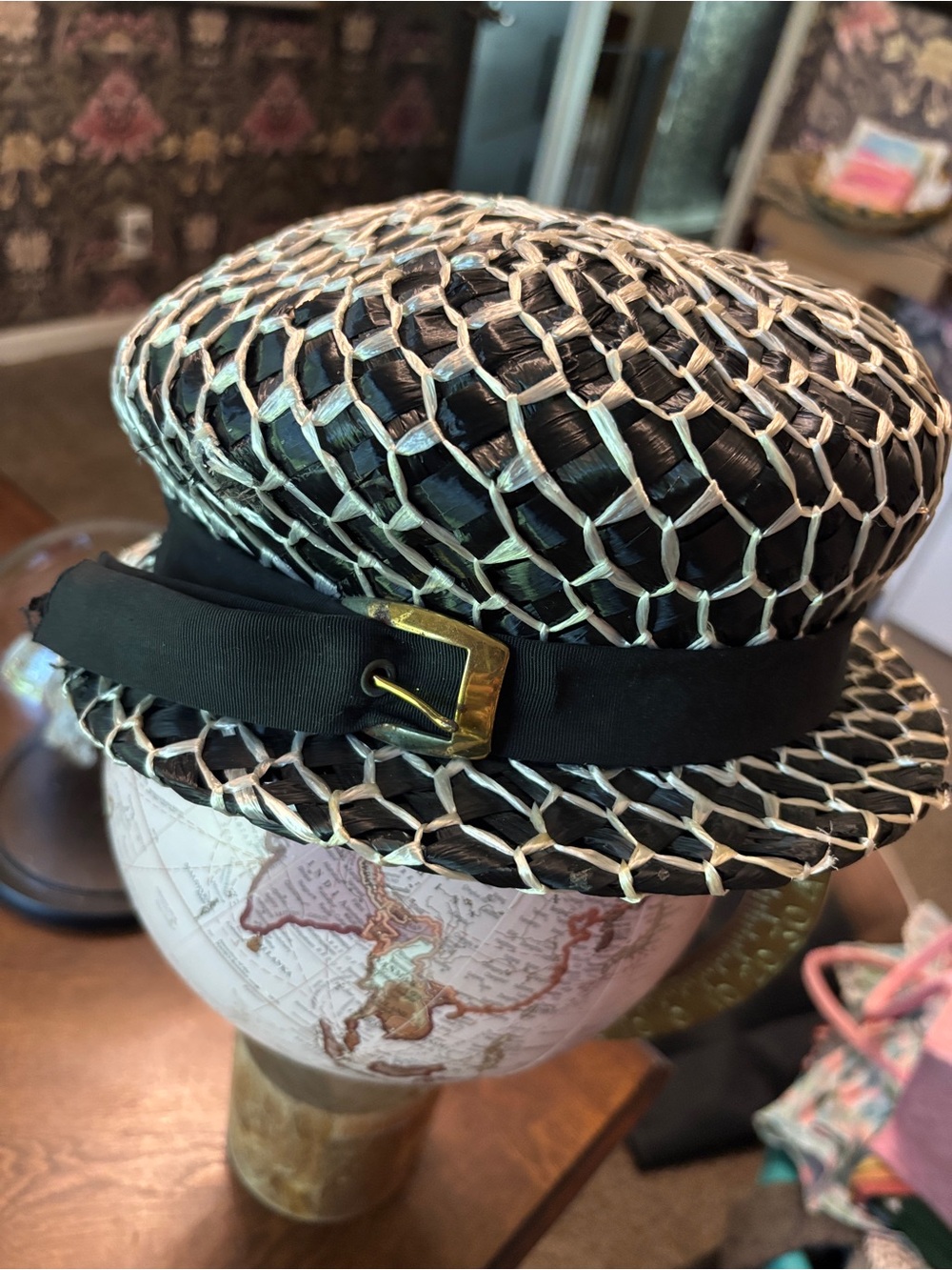 Vintage Woven Straw Boater Hat with Black Band and Gold Buckle